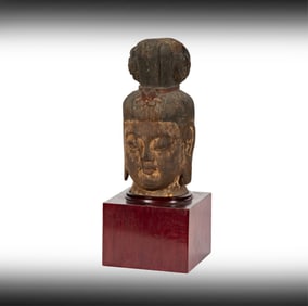 An Antique Chinese Carved and Painted Head of Buddha