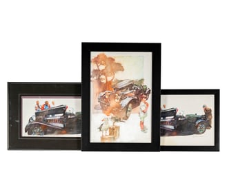 E. Rasmussen: Three Acrylic on Paper Bugatti Automotive Artworks
