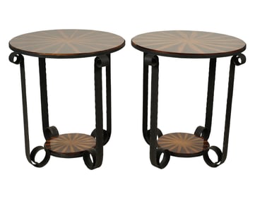 Pair of Art Deco Marquetry and Iron Side Tables