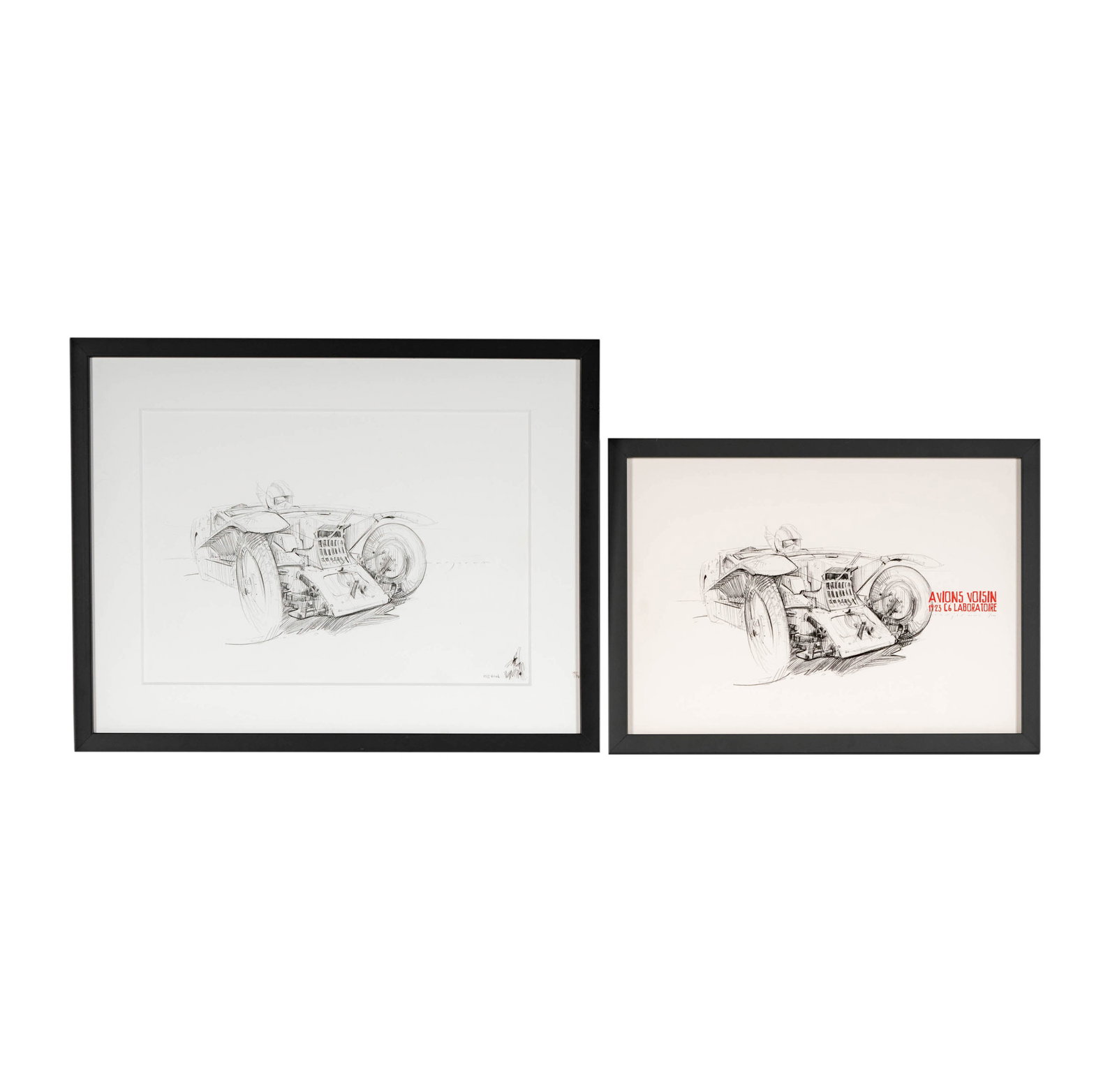 Stefan Marjoram: Two Works Voisin Laboratoire at 2013 Goodwood: framed drawing of Voisin Laboratoire at 2013 Goodwood Driven by Philipp Moch, signed Stefan Marjoram Sight: 11 x 15 1/2 in. (27.9 x 39.4 cm.) Frame: 17 x 21 1/2 in. (43.2 x 54.6 cm.)