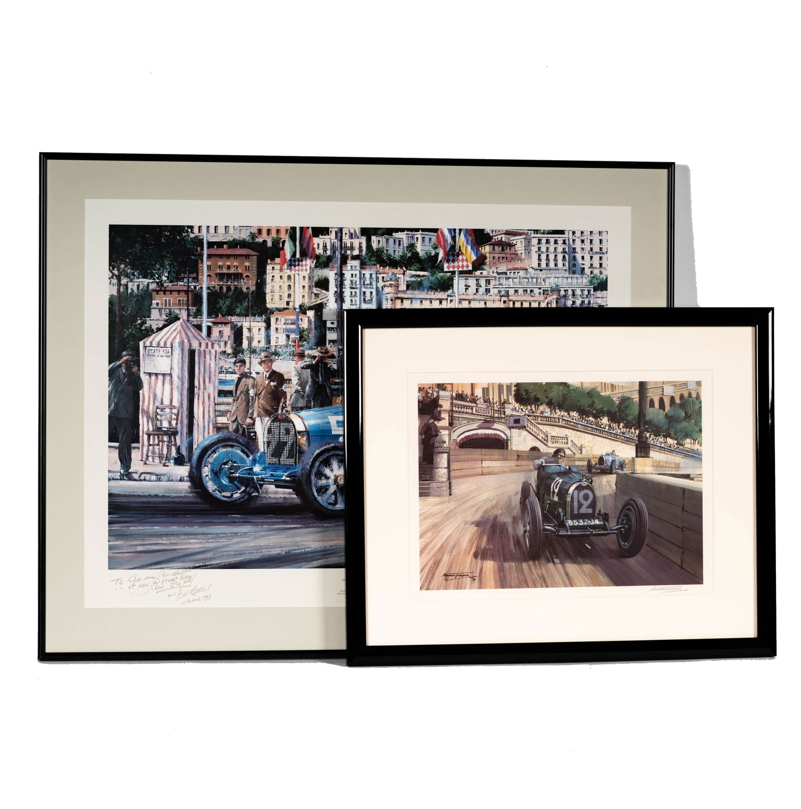 Two Racing Prints: including: a Bugatti racing print by Michael Turner (signed in pencil lower right), and Nicholas Watts: Monaco Grand Prix 1930 (signed and numbered 111/500) Turner as framed: 18 1/4 x 22 3/4 in. (46.4