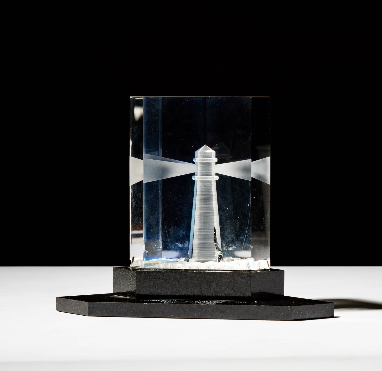 Steuben Glass Beacon of Light Sculpture: on stone base; signed; Overall: 6 1/4 x 8 1/2 x 5 1/4 in. (15.9 x 21.6 x 13.3 cm.); ; Provenance: The collection of Santa Barbara Steuben collector Joel Kreiner