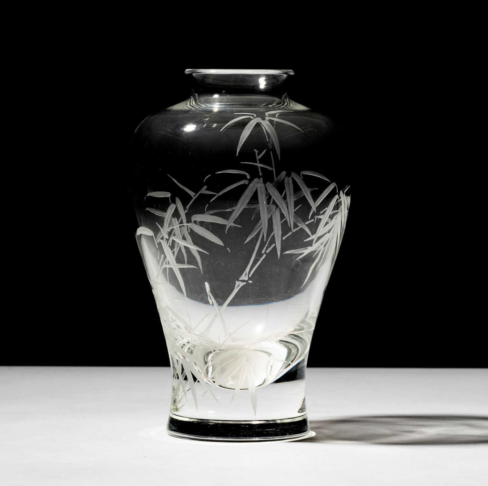 Steuben Glass Bamboo Vase: glass design by Donald Pollard, etching design by Linchia Li; signed; 7 1/2 x 4 1/2 in. (19.1 x 11.4 cm.); ; Provenance: The collection of Santa Barbara Steuben collector Joel Kreiner