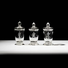 Set of Three Steuben Glass Covered Urns