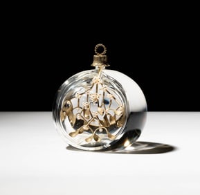 Steuben Glass, Gilt Sterling, and Cultured Pearl Mistletoe Ornament