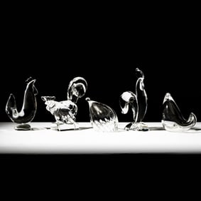 Five Steuben Glass Rooster and Hen Sculptures