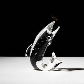 Steuben Glass and 18k Gold Trout and Fly Sculpture