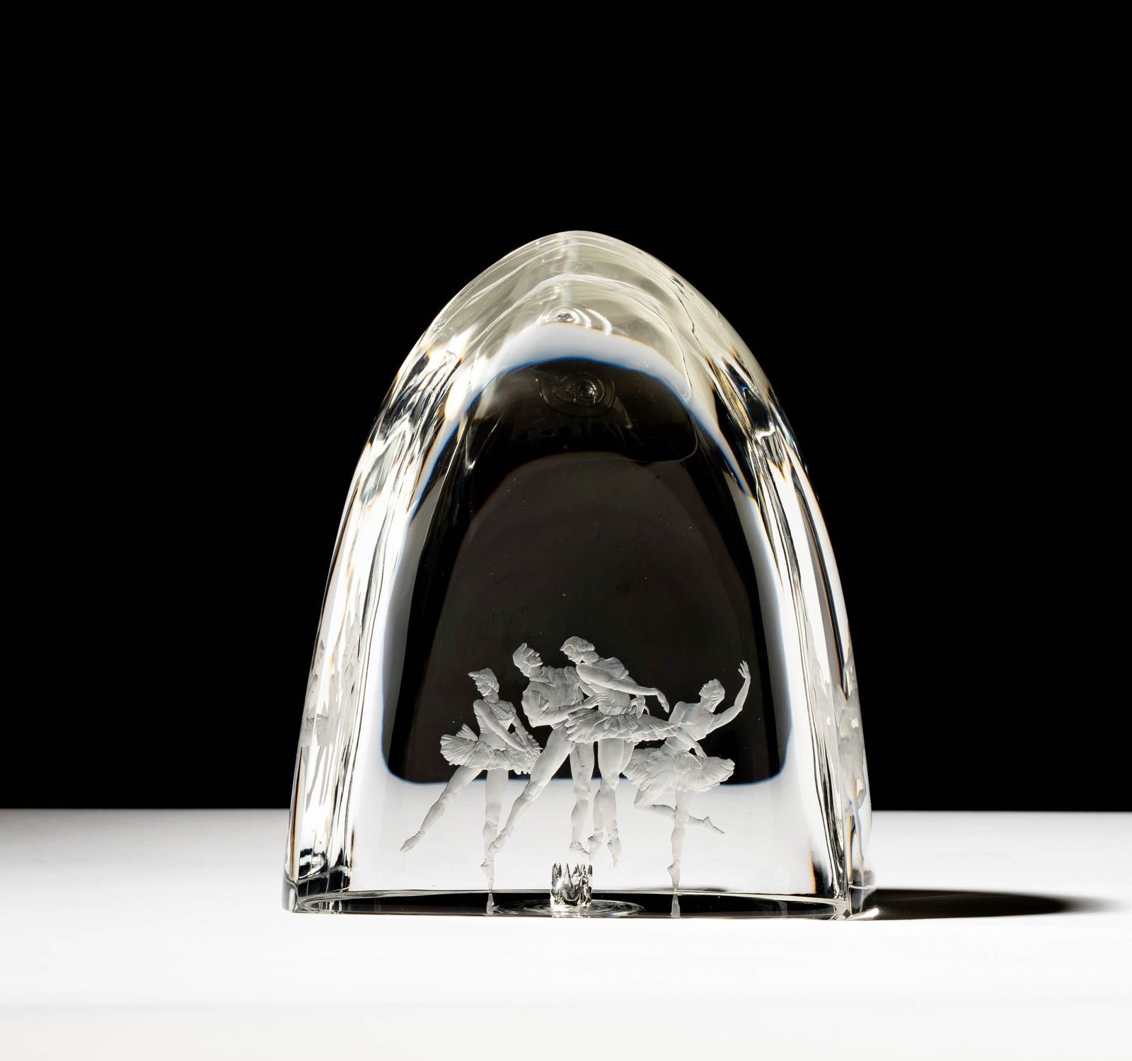 Steuben Glass Swan Lake Sculpture: designed by George Thompson and Sidney Waugh, 1959; signed "Steuben"; 6 3/4 x 5 1/2 x 3 1/4 in. (17.1 x 14 x 8.3 cm.); With original red leather fitted case: 4 x 9 3/4 x 9 in. (10.2 x 24.8 x 22.9 cm.)