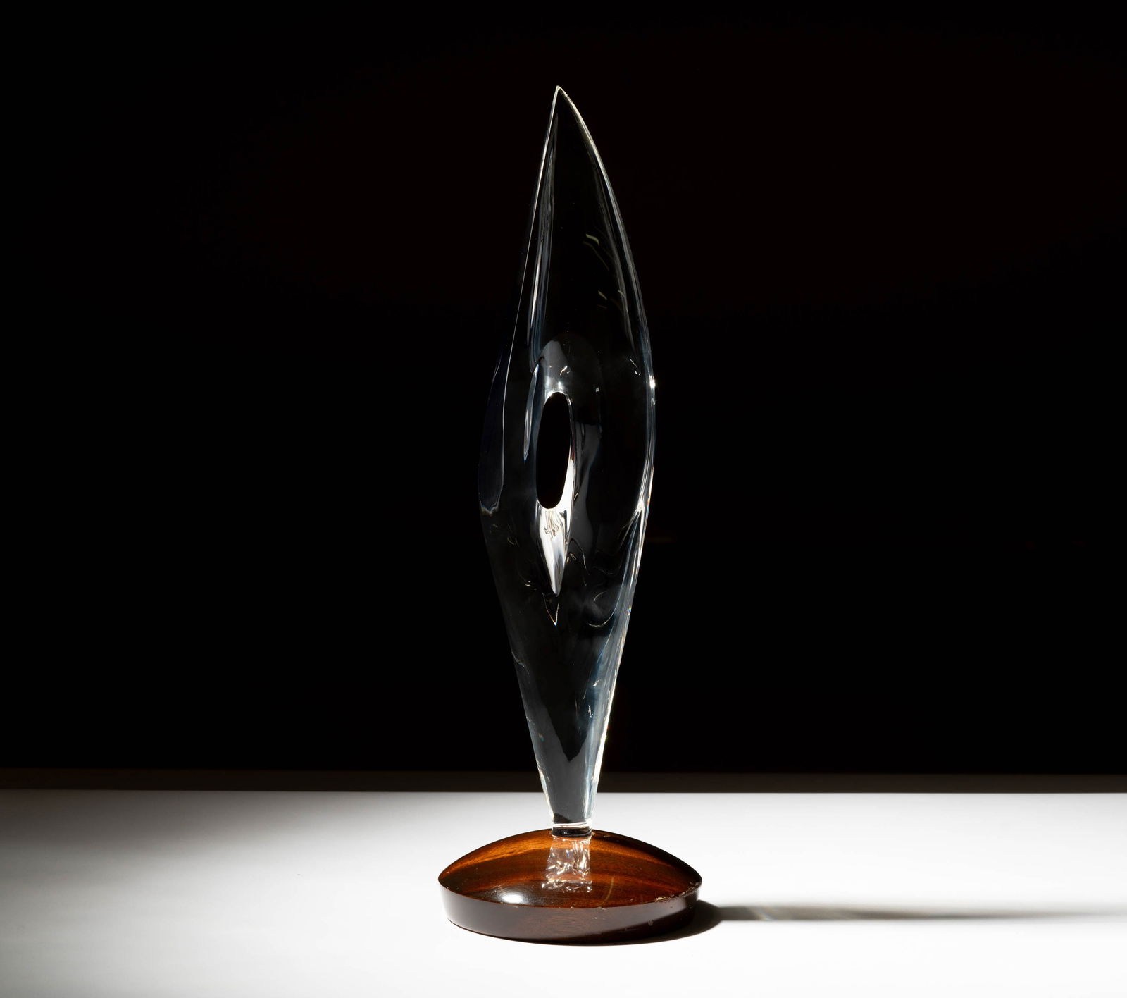 Steuben Glass Counterpoise Sculpture: designed by Donald Pollard; Overall: 21 3/4 x 6 3/4 in. (55.2 x 17.1 cm.); With original red leather fitted case: 8 1/2 x 25 1/2 x 9 1/2 in. (21.6 x 64.8 x 24.1 cm.); Provenance: The collection of San