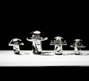 Four Steuben Glass Smooth Capped Mushroom Sculptures
