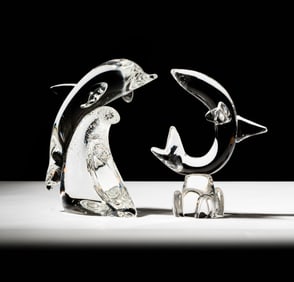 Two Steuben Glass Dolphin Sculptures