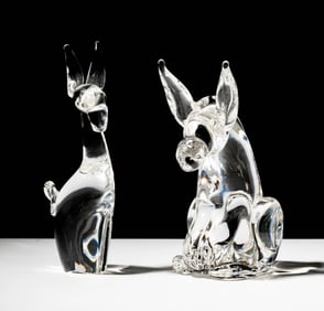 Two Steuben Glass Donkey Sculptures