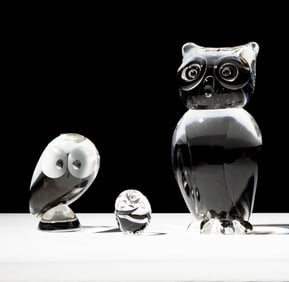 Three Steuben Glass Owl Sculptures