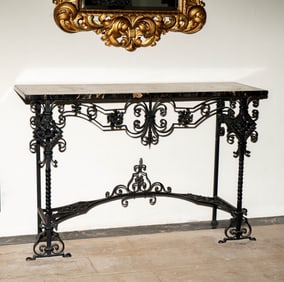 A Spanish Revival Marble-Top Iron Console Table