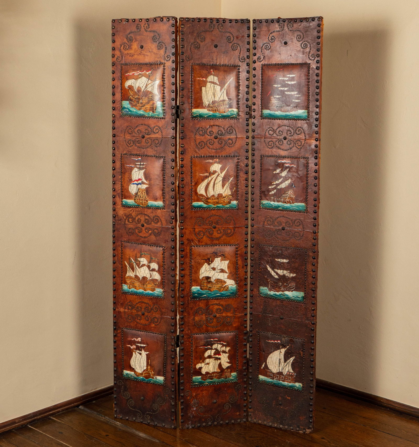 A Spanish Revival Painted Leather Three-Panel Screen (1 of 18)