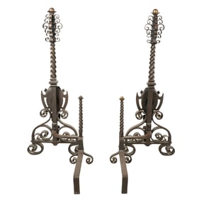 A Pair of Baroque-Style Iron Andirons