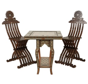 A Syrian Inlaid Game Table and Two Chairs