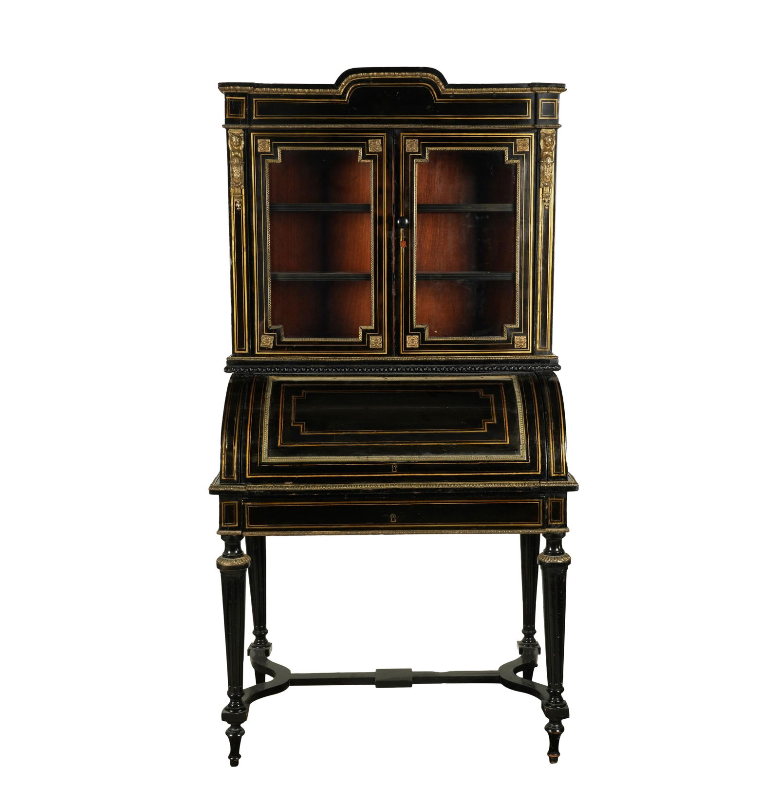 A Napoleon III Brass-Inlaid Ebony Secretary Bookcase: 19th century; in two parts; the upper and lower parts a marriage Overall: 70 x 36 x 22 in. (177.8 x 91.4 x 55.9 cm.) Provenance: A private estate, Trousdale CA;Notes: This item does not qualify for in
