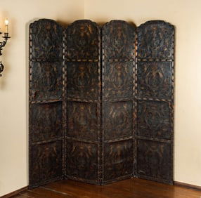 A Spanish Embossed and Painted Leather Four-Panel Floor Screen
