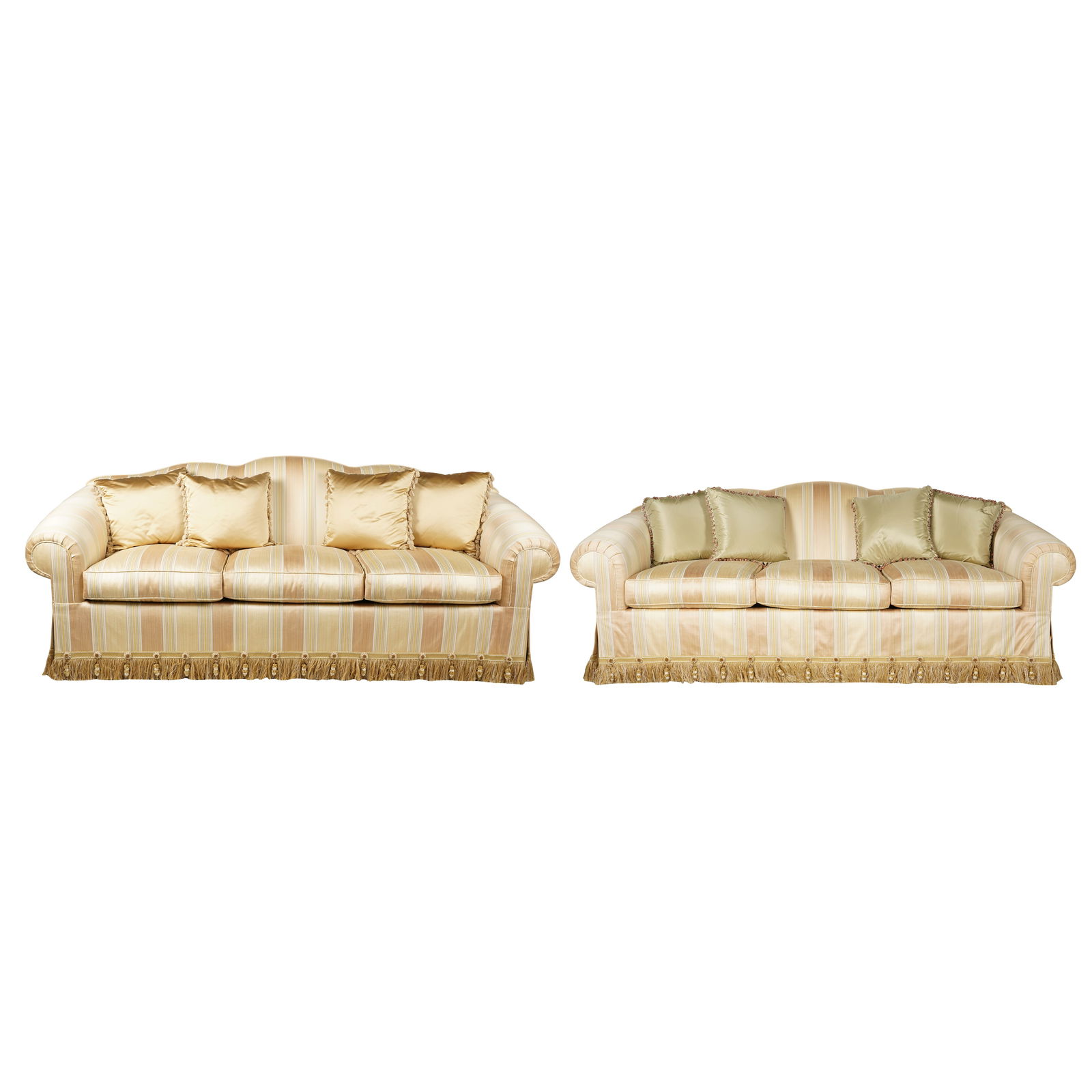 A Pair of Nancy Corzine Silk-Upholstered Sofas: with label "Nancy Corzine Furniture" Each: 40 x 96 x 38 in. (101.6 x 243.8 x 96.5 cm.) Seat height: 20 in. (50.8 cm.) Notes: This item does not qualify for in-house shipping. Please see our preferred