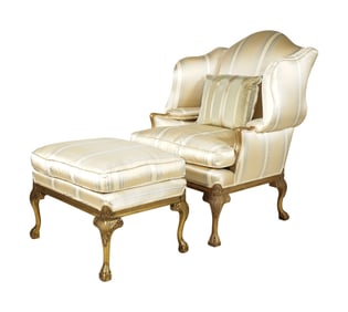 A Queen Anne-Style Giltwood Wing Chair and Ottoman