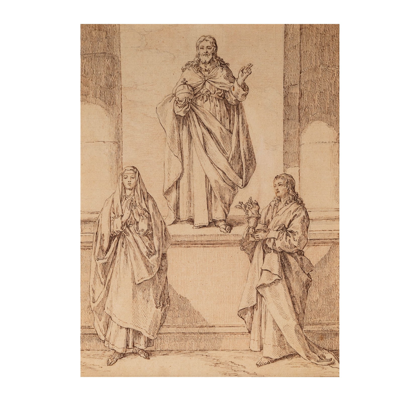 Attributed to Jacques Callot, 1592-1635, Christ with Mary and St. John the Evangelist: pen and brown ink on laid paper, watermarked ?D & C Blauw" Sight: 9 1/4 x 7 in. (23.5 x 17.8 cm.) Provenance: Gallery Chimera, Rome, May 2005, as Giovanni Battista Paggi (Genoa 1554 ? 1672), circa 162