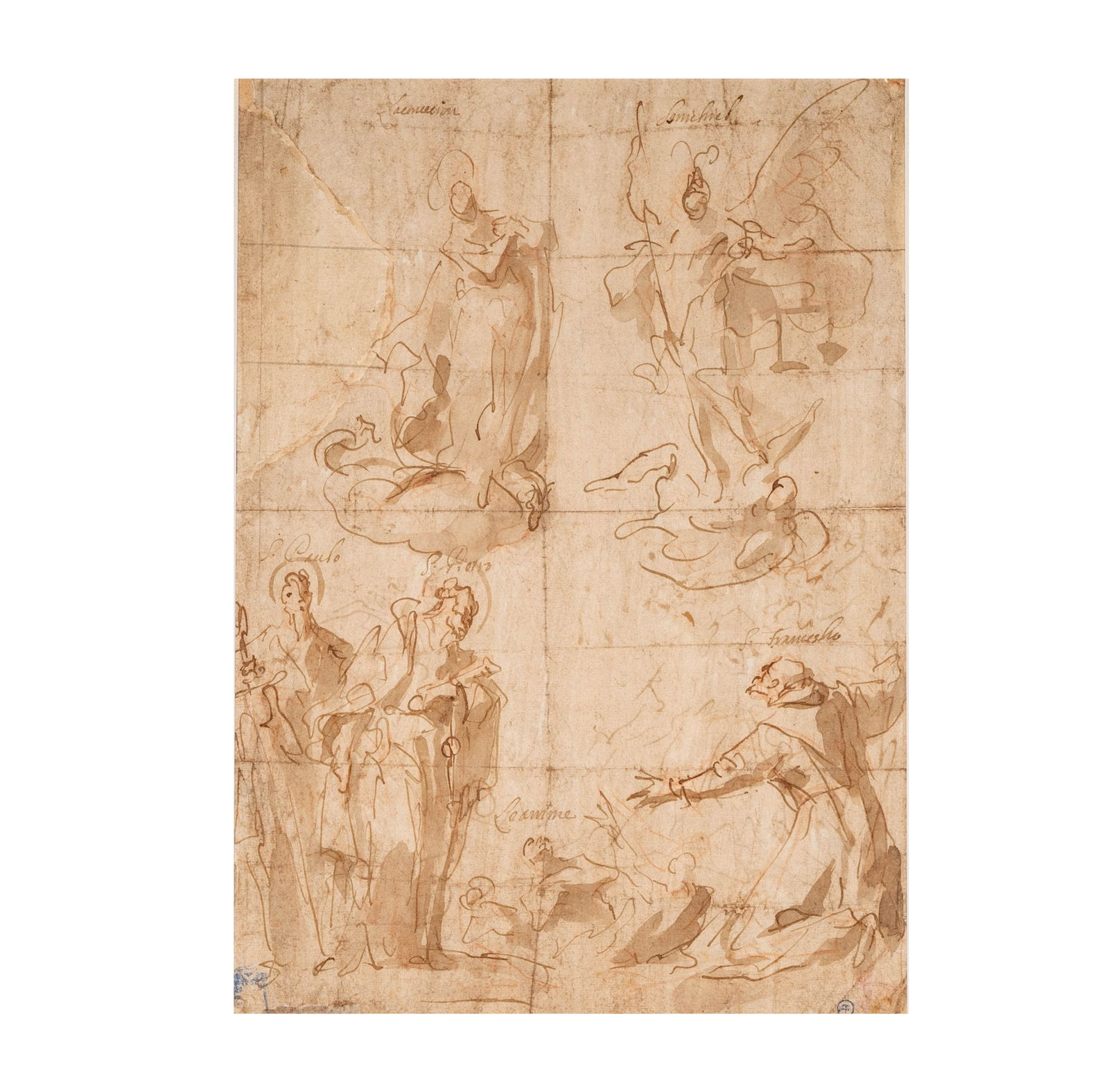 Gaspare Diziani, 1689-1767, Studies for Saints: brown pen and ink wash over red chalk, double sided Sight: 11 1/4 x 8 in. (28.6 x 20.3 cm.) Provenance: Dr. Albert Finot (1866?1933), a decorated physician and notable collector of drawings, assembled