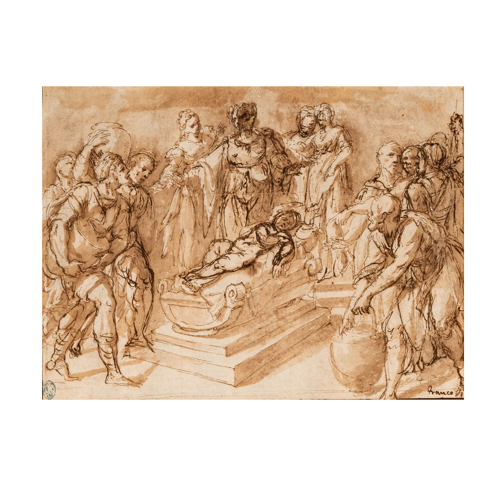Circle of Federico Zuccaro, 1541-1609, Procession of Figures around a Bier of a Child: brown ink and wash, c. 1585 Sight: 6 1/2 x 8 1/2 in. (16.5 x 21.6 cm.) Provenance: Koller, Zurich, 22 Sep 2017, Sale A182 lot 3405 Private German Collection G. Vallardi (1784-1863), Milan, Lugt 1223No