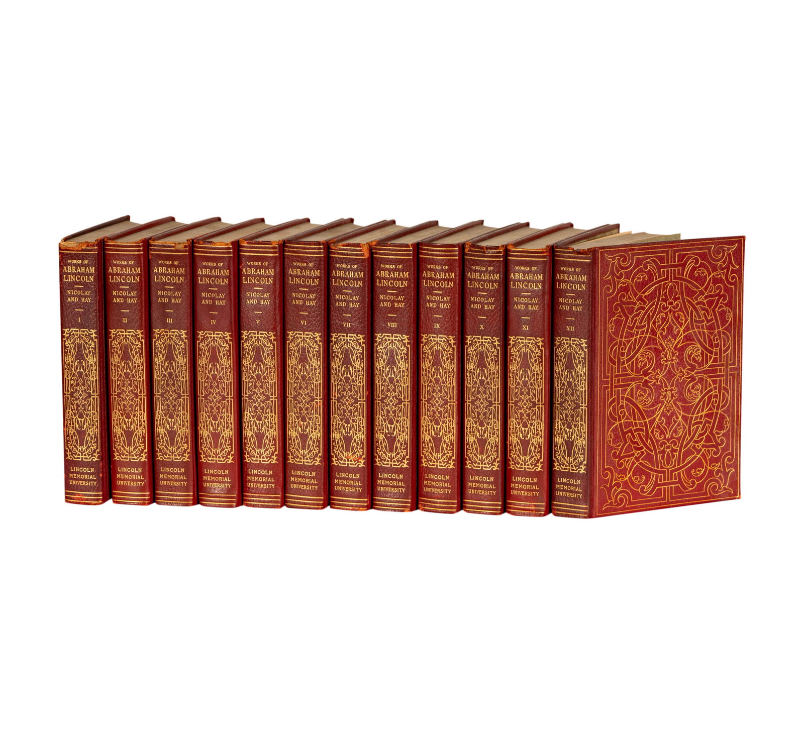 The Works of Abraham Lincoln: Sponsors edition, Lincoln Memorial University, 1894; twelve volumes, this set prepared specifically for Ann Emerson Strong to whom it was presented by her father Pritchard H. Strong, and with bookplat