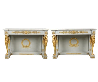 A Pair of Italian Empire-Style Marble-Top Console Tables