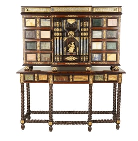 A Specimen Marble-Inlaid Vargueno on Stand