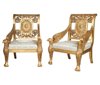 A Pair of Empire-Style Carved Giltwood Armchairs