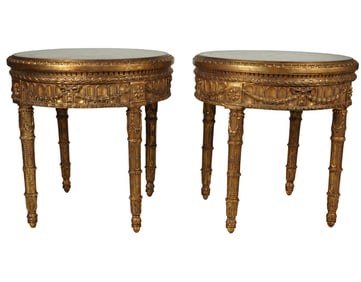 A Pair of Regency-Style Giltwood and Malachite Gueridons