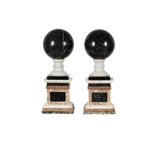 A Pair of Grand Tour-Style Specimen Marble Spheres on Pedestals