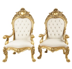 A Pair of Baroque-Style Giltwood and Leather Throne Chairs
