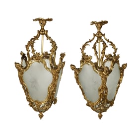 A Pair of Rococo-Style Gilt Metal and Etched Glass Lanterns