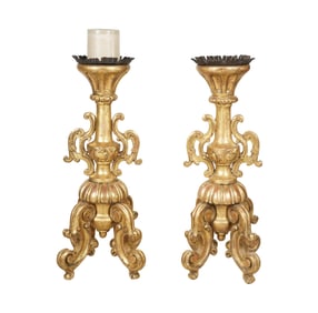 A Pair of Italian Baroque Giltwood Altar Sticks