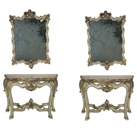 A Pair of Italian Rococo-Style Console Tables and Mirrors