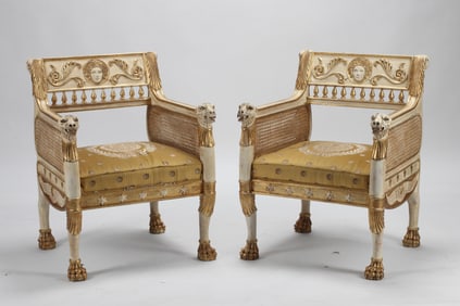 A Pair of Empire-Style Gilt and Cream-Painted Armchairs
