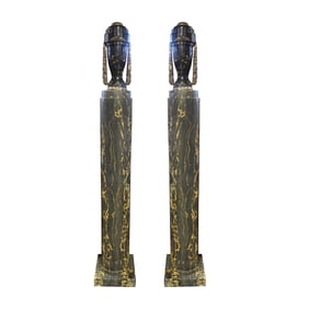 A Pair of French Art Deco Marble and Silvered Bronze Urns on Pedestals