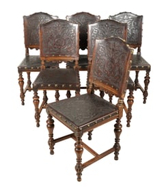 A Set of Six Baroque-Style Tooled Leather and Walnut Dining Chairs