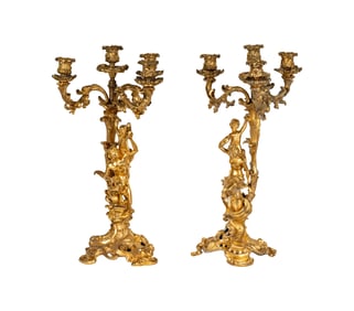 A Pair of Rococo-Style Gilt Bronze Figural Candelabra