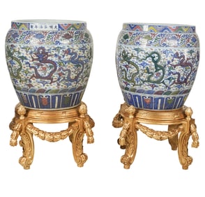 A Pair of Chinese Polychromed Porcelain Fishbowls