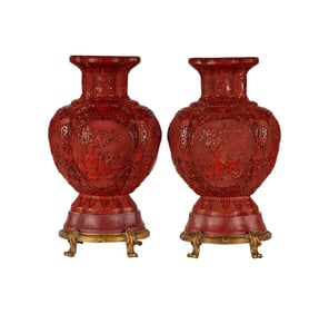 A Pair of Chinese Red-Lacquered and Gilt Metal-Mounted Vases