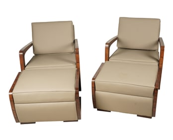 A Pair of Art Deco-Style Armchairs with Ottomans