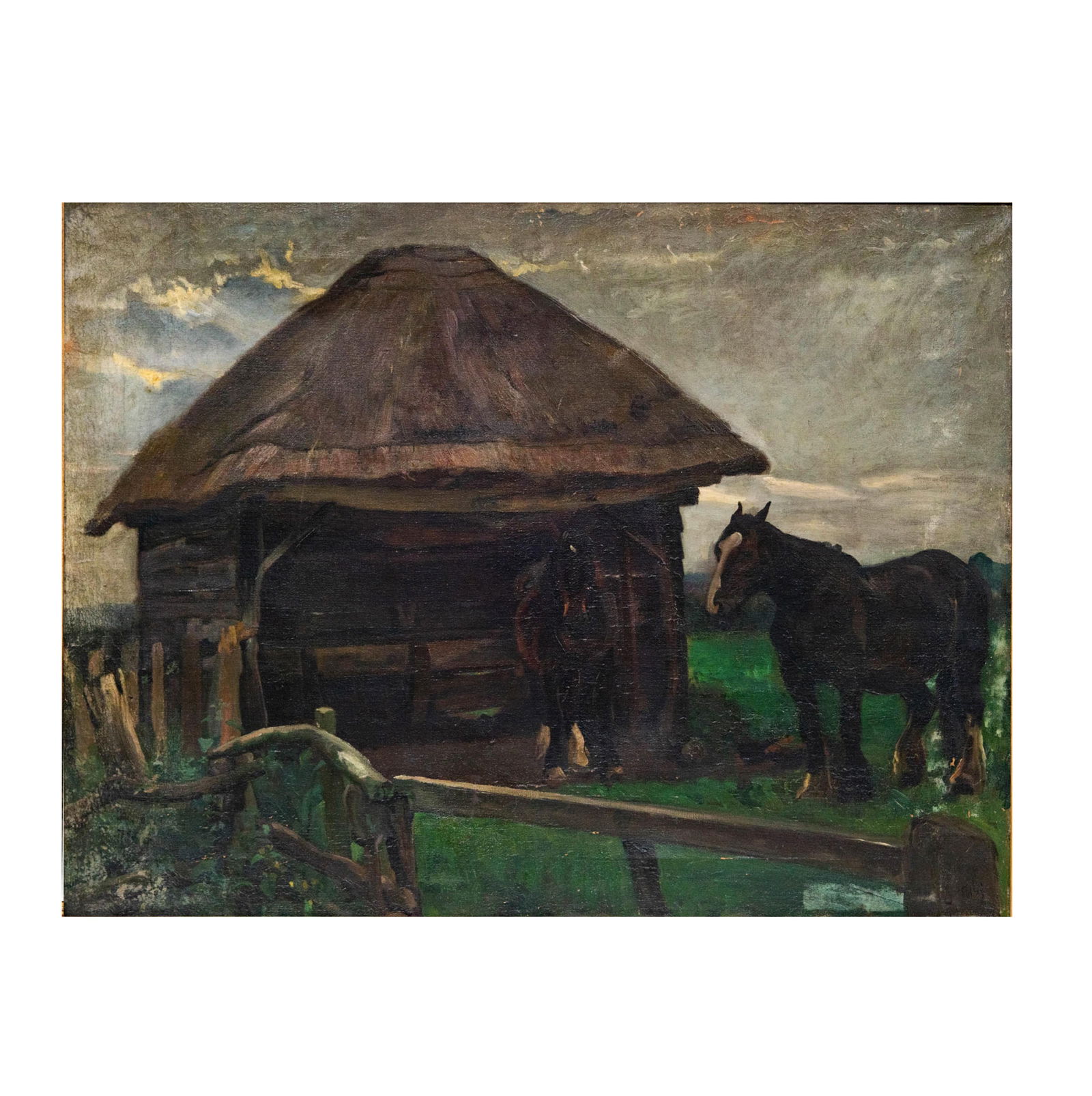German School (late 18th/early 19th Century): Ruhende Pferde (Resting Horses): oil on canvas; signed illegibly lower right, titled to stretcher, and with 1907 Dusseldorf Exhibition label numbered 2831 30 x 40 in. (76.2 x 101.6 cm.) Frame: 34 1/2 x 44 3/4 in. (87.6 x 113.7 cm.) N