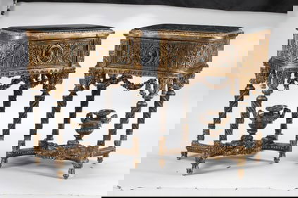 A Pair of Marble-Top GIlt and Green-Painted Tables