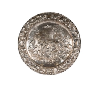 A European Silver Charger Depicting a Battle Scene