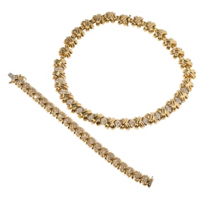 14 Karat Yellow Gold, Diamond 'X' Link Bracelet and Necklace