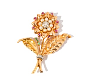 18 Karat Rose Gold, Diamond, Pearl, Ruby and Emerald Brooch